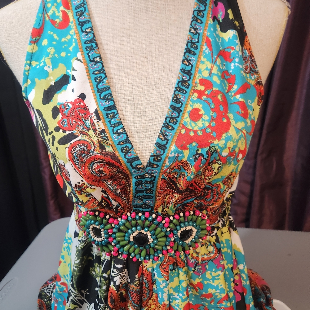 ECI Medallion Beaded Bodice Abstract Print Flowy Festival Maxi Sz 12 - Picture 14 of 16